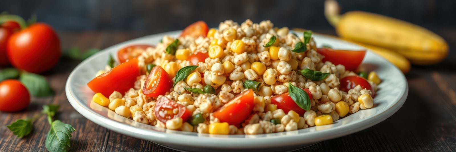 Fresh corn salad with tomatoes and herbs served on a plate